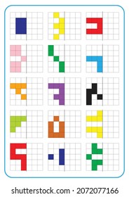 Printable picture reflection educational game for toddlers and kids. Learning symmetrical worksheets, fun for preschool and kindergarten. Grid page coloring activities, visual perception and pixel art