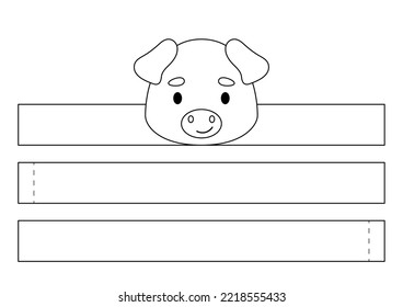 Printable pig paper crown. Diy cut party ribbon template for birthday, Christmas, baby shower. Fun accessory for entertainment. Print, color, cut and glue. Vector stock illustration