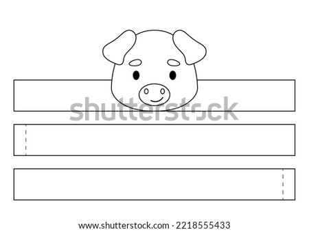 Printable pig paper crown. Diy cut party ribbon template for birthday, Christmas, baby shower. Fun accessory for entertainment. Print, color, cut and glue. Vector stock illustration