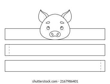 Printable pig paper crown. Fun accessory for entertainment. Diy cut party ribbon template for birthday, christmas, baby shower. Print, color, cut and glue. Vector stock illustration.