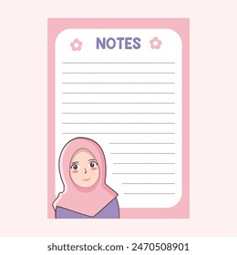 Printable pink memo notes with cute girl muslimah hijab illustration