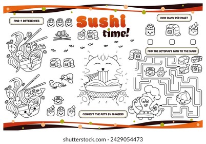 Printable placemat for kids. Activity sheet "Sushi time" with a labyrinth, connect the dots and find the differences. 17x11 inch printable vector file