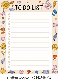 Printable planner, organizer. Hand-drawn notes, to do list. Time management planning sheets. Positive stationery organizers. Hippie vibrant, retro style background. Memo list sheets
