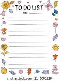 Printable planner, organizer. Hand-drawn notes, to do list. Time management planning sheets. Positive stationery organizers. Hippie vibrant, retro style background. Memo list sheets