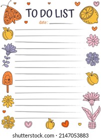 Printable planner, organizer. Hand-drawn notes, to do list. Time management planning sheets. Positive stationery organizers. Hippie vibrant, retro style background. Memo list sheets