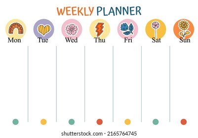 Printable planner, organizer. Hand-drawn notes, to do list. Time management planning sheets. Positive stationery organizers. Hippie vibrant, retro style background. Memo list sheets