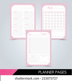 Printable planner pages: daily planner, weekly planner, monthly planner. Vector illustration for business and education