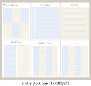 Printable planner set blue include to do list, note, daily, weekly, and monthly planner