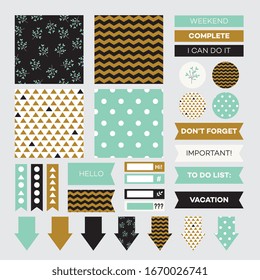 Printable planner stickers with geometric patterns set for notebook and scrapbook, vector illustration isolated on white background. School stationery design element.