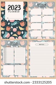 Printable planner template with cute cat background. Set of cover, weekly, daily planner template with notes, goals and to do list. Business organizer page, Notebook page isolated, Vector illustration