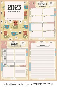 Printable planner template with cute cat background. Set of cover, weekly, daily planner template with notes, goals and to do list. Business organizer page, Notebook page isolated, Vector illustration