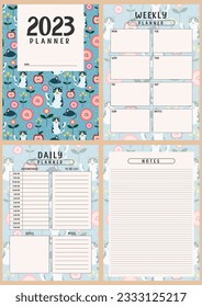 Printable planner template with cute cat background. Set of cover, weekly, daily planner template with notes, goals and to do list. Business organizer page, Notebook page isolated, Vector illustration