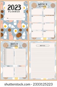 Printable planner template with cute cat background. Set of cover, weekly, daily planner template with notes, goals and to do list. Business organizer page, Notebook page isolated, Vector illustration