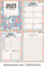 Printable planner template with cute cat background. Set of cover, weekly, daily planner template with notes, goals and to do list. Business organizer page, Notebook page isolated, Vector illustration