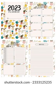 Printable planner template set with cute Dog background. cover, weekly, daily planner template with notes, goals and to do list. Schedule, Weekly Overview, Journal, Organizer, Vector illustration