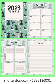 Plantilla de planificador imprimible con fondo tierno de perro. carátula, semanal, planner diario con notas, objetivos y lista de tareas pendientes. Programación, Información general semanal, Diario, Organizador, Ilustración vectorial