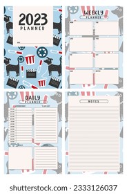 Printable planner template set with cute Dog background. cover, weekly, daily planner template with notes, goals and to do list. Schedule, Weekly Overview, Journal, Organizer, Vector illustration