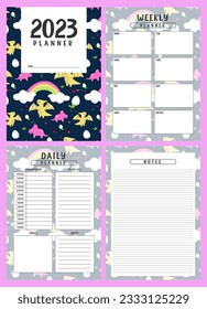 Printable planner template set with dinosaurs background. cover, weekly, daily planner template with notes, goals and to do list. Business organizer page, Notebook page isolated, Vector illustration