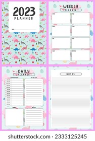 Printable planner template set with dinosaurs background. cover, weekly, daily planner template with notes, goals and to do list. Business organizer page, Notebook page isolated, Vector illustration
