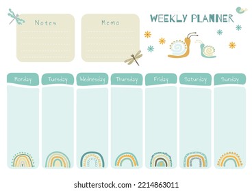 Printable planner template in vector with cartoon rainbow drawings for children. Daily schedul week calendar with ilustration