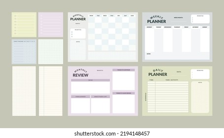 Printable Planner Vector Template Collection with Notepad, Memo Paper, Habit Tracker for Journaling, School Schedule, Business, and Productivity Kit