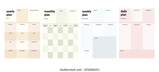 Printable Planner Vector Template Collection with Notepad, Memo Paper, Habit Tracker for Journaling, School Schedule, Business, and Productivity Kit - Shutterstock ID 2232046311