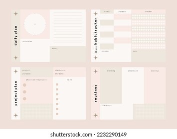 Printable Planner Vector Template Collection with Notepad, Memo Paper, Habit Tracker for Journaling, School Schedule, Business, and Productivity Kit