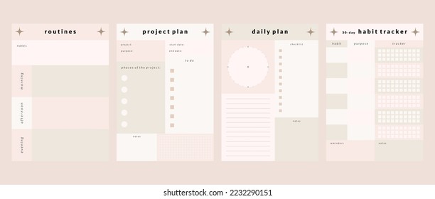 Printable Planner Vector Template Collection with Notepad, Memo Paper, Habit Tracker for Journaling, School Schedule, Business, and Productivity Kit