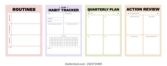 Printable Planner Vector Template Collection with Notepad, Memo Paper, Habit Tracker for Journaling, School Schedule, Business, Coaching, and Productivity Kit