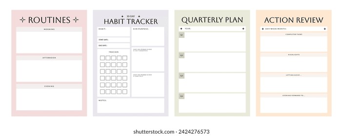 Printable Planner Vector Template Collection with Notepad, Memo Paper, Habit Tracker for Journaling, School Schedule, Business, Coaching, and Productivity Kit