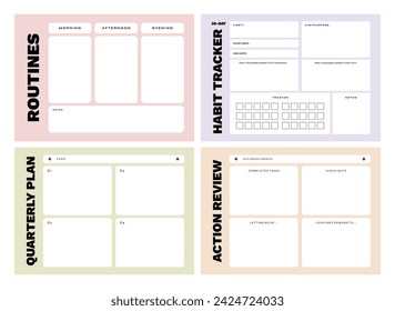 Printable Planner Vector Template Collection with Notepad, Memo Paper, Habit Tracker for Journaling, School Schedule, Business, Coaching, and Productivity Kit