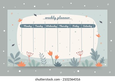 Printable playful spring weekly planner with pastel blue colors hand-drawn illustration.