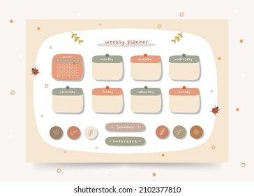 Impresa lúdica de primavera semanalmente planificadora con colores verde pastel desnudo ilustrado a mano.