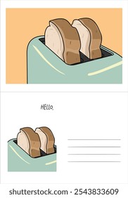 Printable Postcard of a Slice Bread and Toster, an instant postcard template for easy use. Download, print and display as many as you like!. Not limited for postcards, you can use for many purpose.
