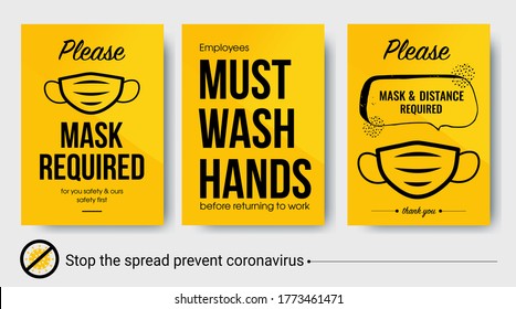 Printable poster with simple text  "Please Mask required. Must wash hands. To avoid coronavirus. Yellow banner for opening business.