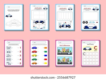 Printable preschool and kindergarten police car theme worksheets, fun learning, coloring, counting and more