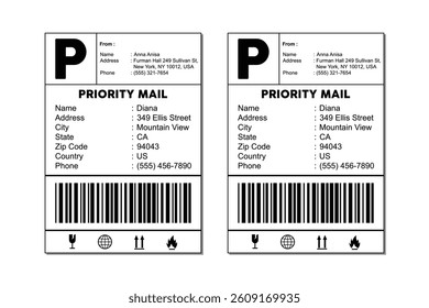 Printable Priority Mail Shipping Label Template with Barcode and Icons