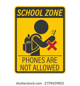 Printable prohibition sign showing student using smartphone indicating no phone use allowed in school environment to reduce distraction and improve focus