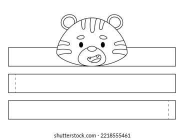 Printable pug tiger paper crown. Diy cut party ribbon template for birthday, Christmas, baby shower. Fun accessory for entertainment. Print, color, cut and glue. Vector stock illustration