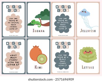 Printable quest card flashcards, kids learning the alphabet A-Z with cute illustration images. Teaching children to be aware of their surroundings, learn vocabulary. Educational tool for fun learning