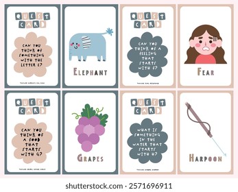 Printable quest card flashcards, kids learning the alphabet A-Z with cute illustration images. Teaching children to be aware of their surroundings, learn vocabulary. Educational tool for fun learning