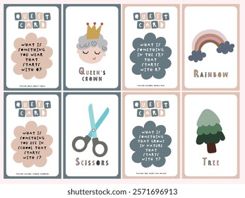 Printable quest card flashcards, kids learning the alphabet A-Z with cute illustration images. Teaching children to be aware of their surroundings, learn vocabulary. Educational tool for fun learning