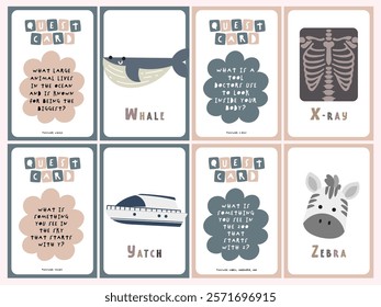 Printable quest card flashcards, kids learning the alphabet A-Z with cute illustration images. Teaching children to be aware of their surroundings, learn vocabulary. Educational tool for fun learning