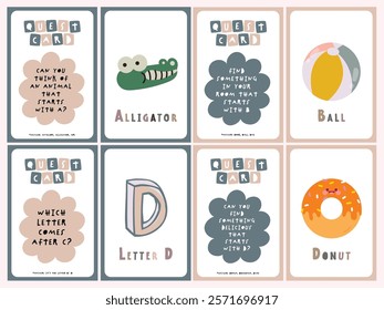 Printable quest card flashcards, kids learning the alphabet A-Z with cute illustration images. Teaching children to be aware of their surroundings, learn vocabulary. Educational tool for fun learning