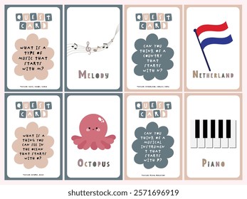 Printable quest card flashcards, kids learning the alphabet A-Z with cute illustration images. Teaching children to be aware of their surroundings, learn vocabulary. Educational tool for fun learning