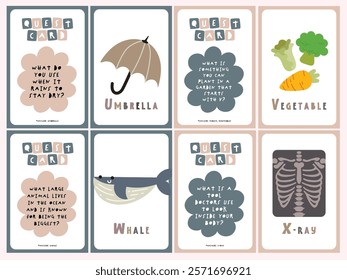 Printable quest card flashcards, kids learning the alphabet A-Z with cute illustration images. Teaching children to be aware of their surroundings, learn vocabulary. Educational tool for fun learning