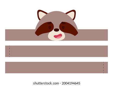 Printable raccoon paper crown. Diy cut party ribbon template for birthday, christmas, baby shower. Fun accessory for entertainment. Print, cut and glue. Vector stock illustration.