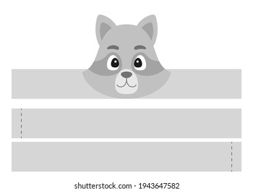 Printable raccoon paper headband. Party crown die cut template for birthday, christmas, baby shower. Fun accessory for entertainment. Print, cut and glue. Vector stock illustration.
