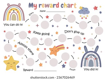 Printable rainbows reward chart, toddler potty chart, kids behavior chart. Sticker chart for children. Reward system. Toddler Routine.