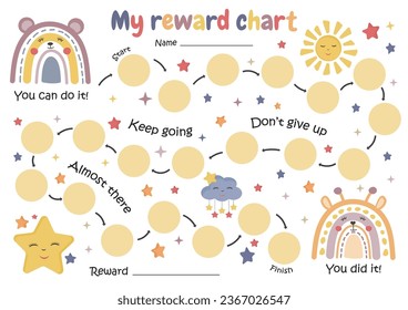 Printable rainbows reward chart, toddler potty chart, kids behavior chart. Sticker chart for children. Reward system. Toddler Routine.